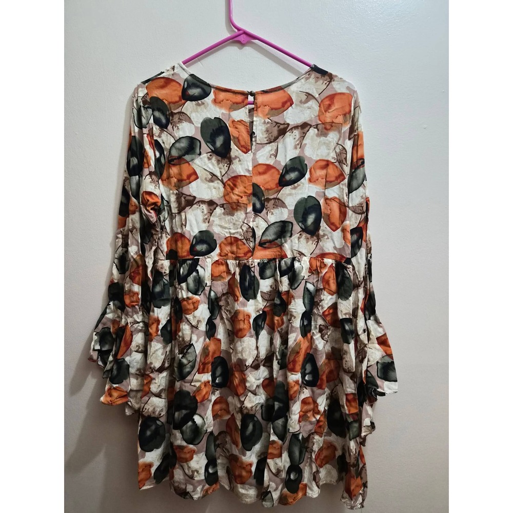 Jodifl Womens Boho Fall Tunic Top Orange Green Leaf Print Ruffle Sleeve Large - Picture 5 of 5